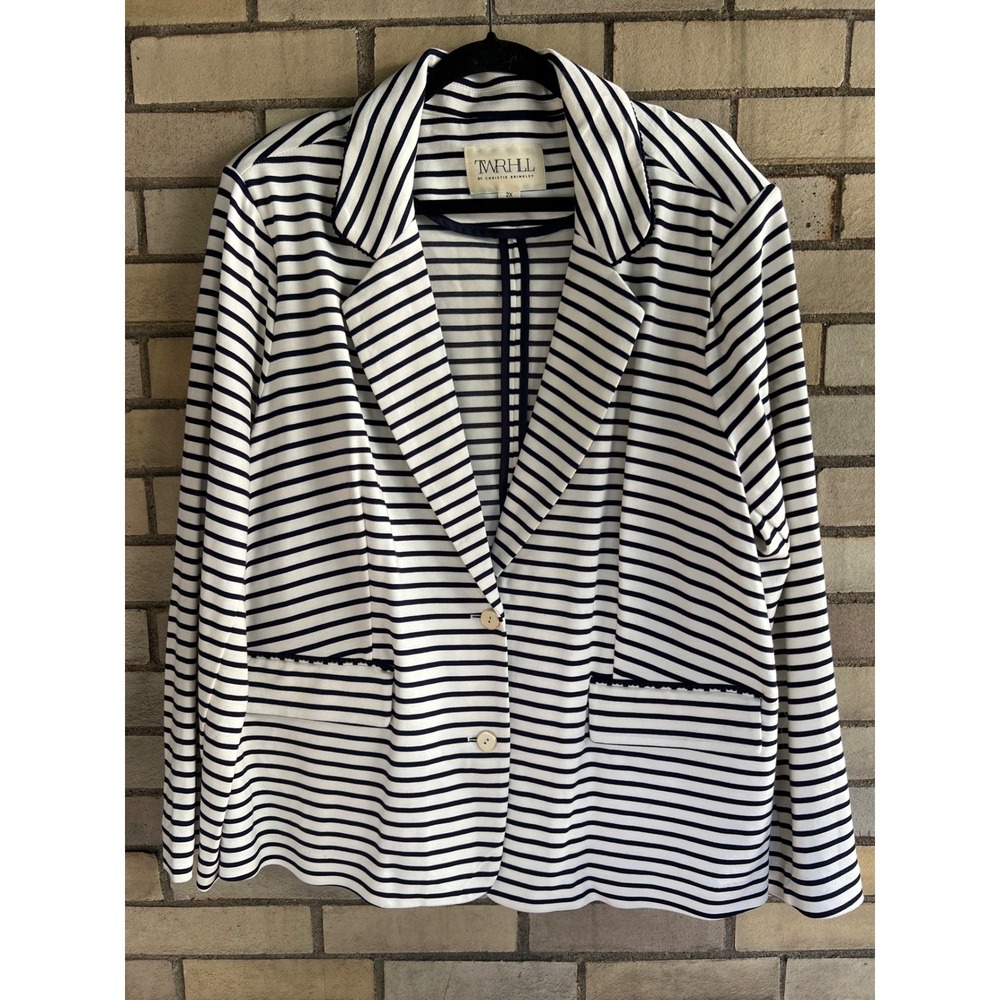TWRHLL by Christie Brinkley Navy White Striped Knit Blazer Jacket Nautical Sz 2X